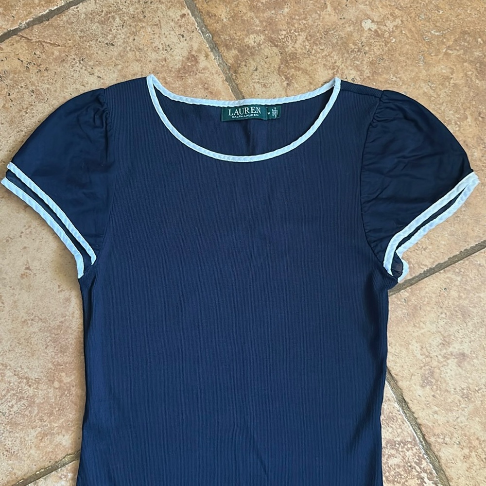 Lauren Ralph Lauren Medium Navy w/ White Trim Short Sleeve Boat Neck Knit Top
